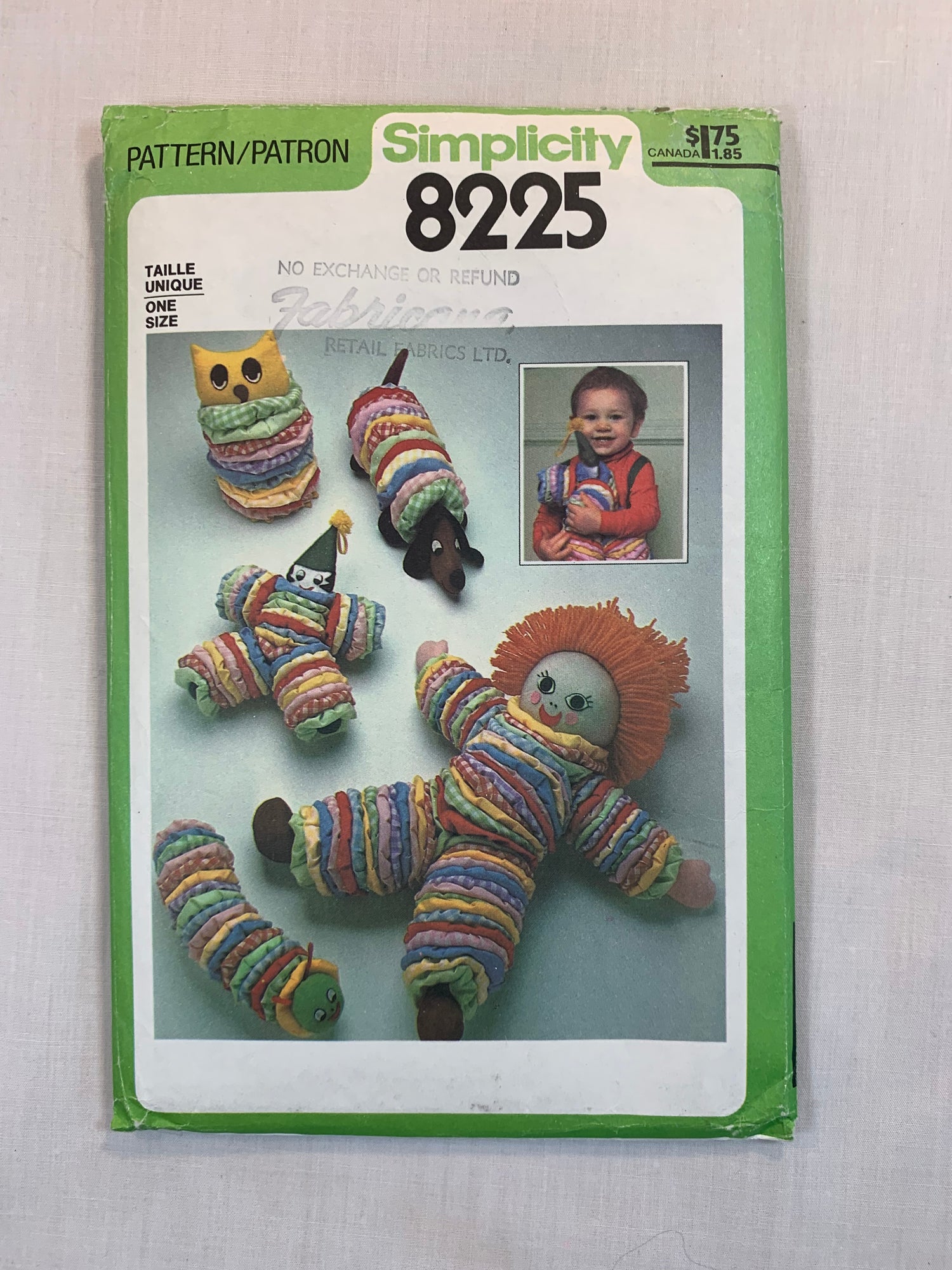 Simplicity Sewing Pattern 8225 Crafts, Toys, Cloth Doll, Owl, Dog, Clown, Caterpillar, Uncut, Vintage 1989