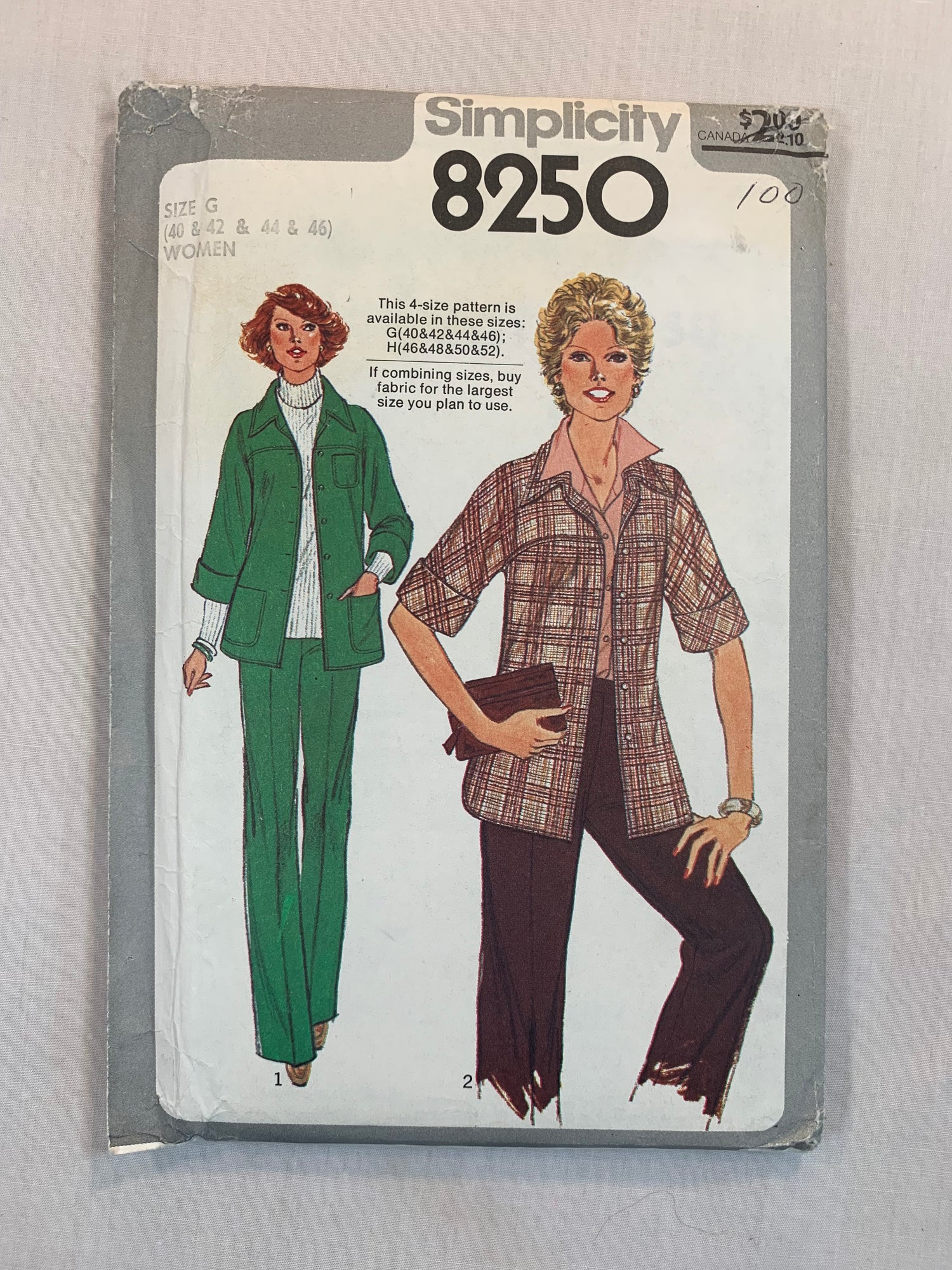 Simplicity Sewing Pattern 8250 Misses' Unlined Jacket, Pants, Button Front, Cuffs, Side Slits, Pockets, Zipper Back, Size 40-46, Uncut, Vintage 1977