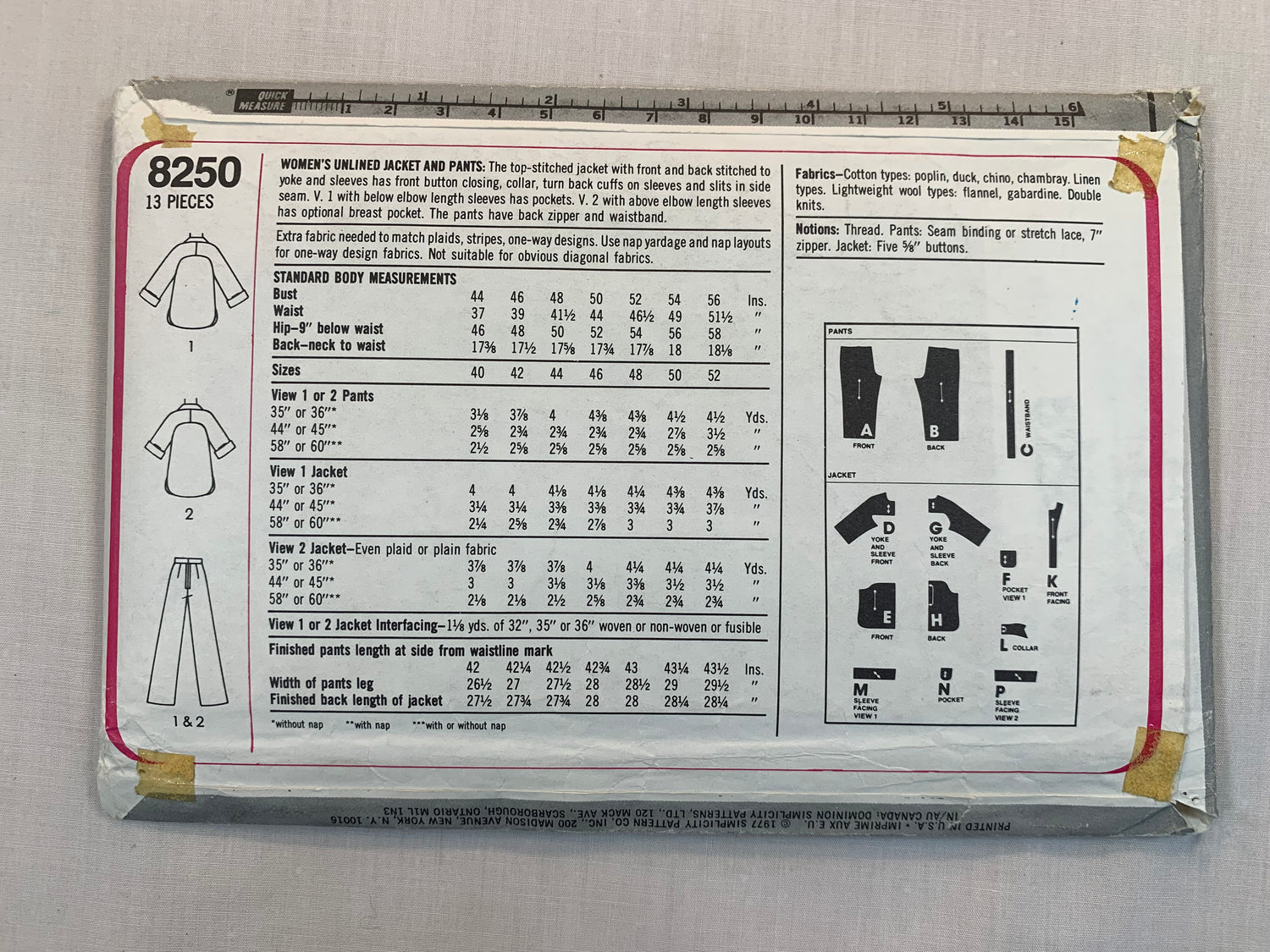 Simplicity Sewing Pattern 8250 Misses' Unlined Jacket, Pants, Button Front, Cuffs, Side Slits, Pockets, Zipper Back, Size 40-46, Uncut, Vintage 1977