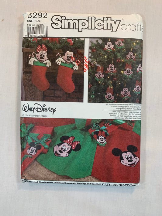 Simplicity Sewing Pattern 8292 Christmas Ornaments, Mickey Mouse, Minnie Mouse, Stockings, Treeskirt, Transfers, Uncut, Vintage 1987