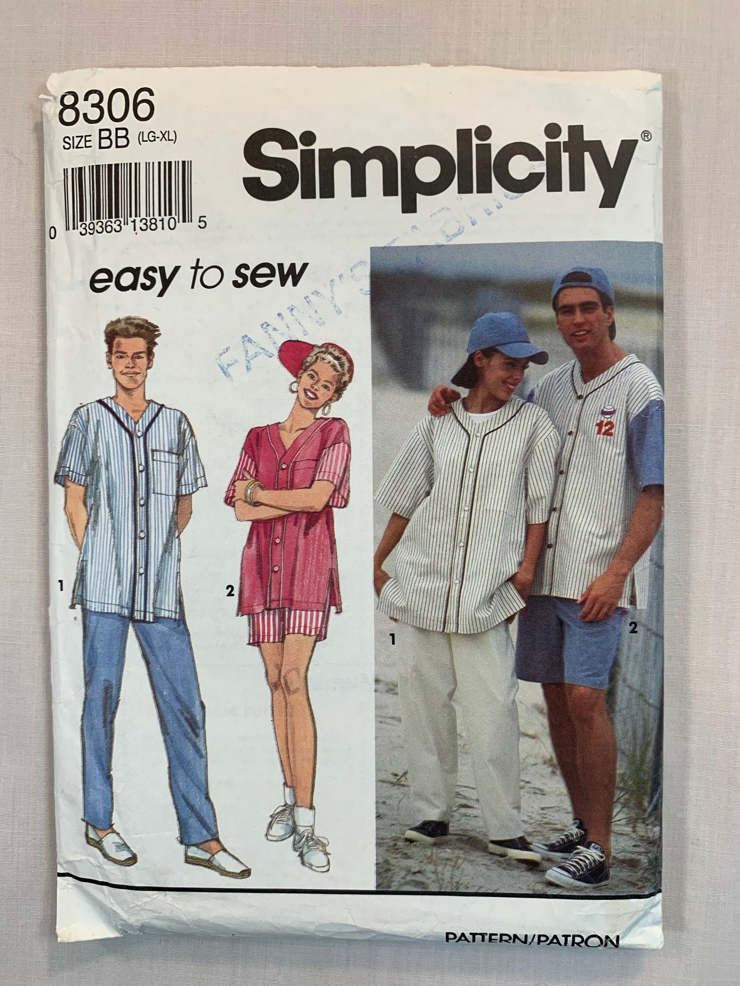 Simplicity Sewing Pattern 8306 Misses'/Men's/Teens' Pants, Shorts, Shirt, Cap, Pockets, Pull-On, Button Front, Size 42-48, Uncut, Vintage 1993