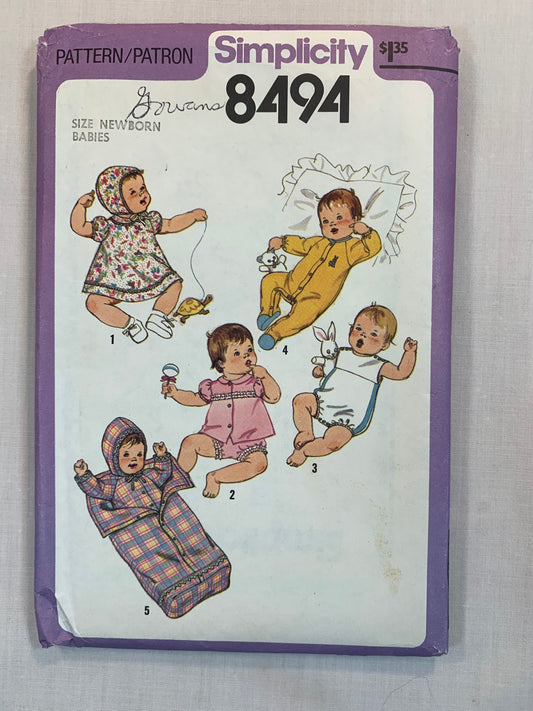 Simplicity Sewing Pattern 8494 Babies, Infants, Dress, Panties, Hat, Sunsuit, Pajamas, Hooded Jacket, Bunting Bag, Size 7-13 Pounds, Uncut, Vintage 1978