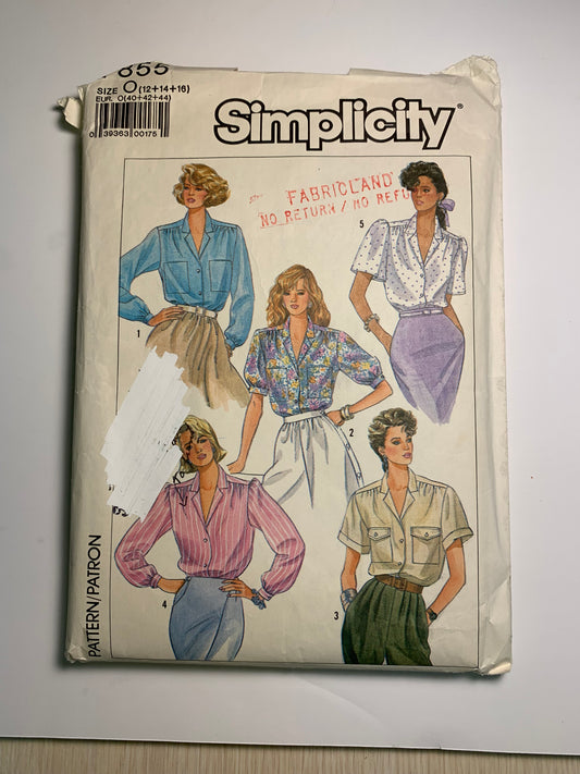 Simplicity 7855 Misses' Blouses, Size 12-16, Cut, Vintage 1986