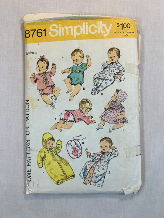 Simplicity Sewing Pattern 8761 Babies, Infants, Dress, Panties, Bonnet, Kimono, Sacque, Suit, Size 7-13 Pounds, Uncut, Vintage 1979