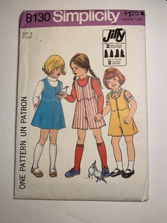 Simplicity 8130 Girls' Jumper, Culottes, Size 6, Cut, Vintage 1977