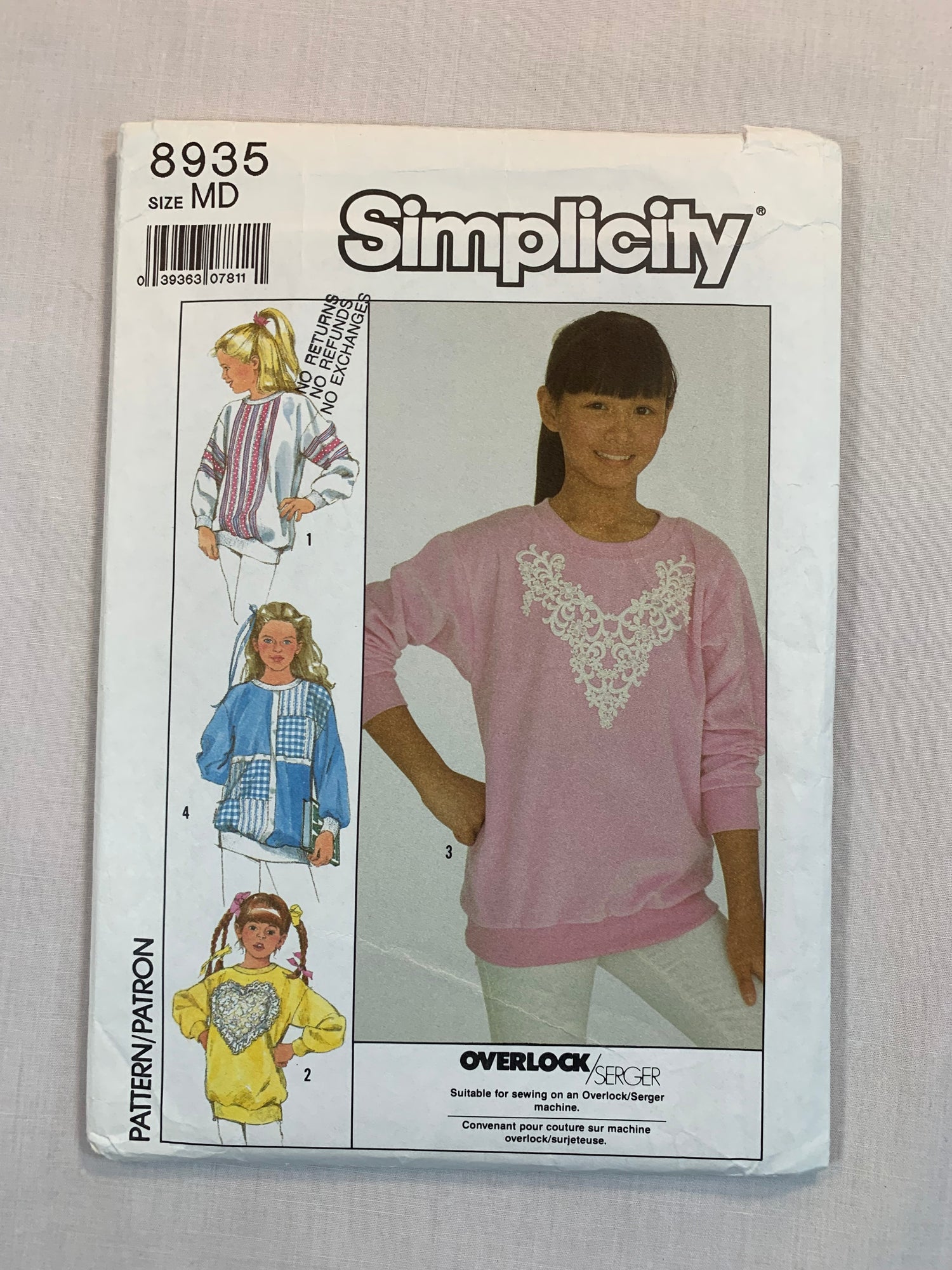 Simplicity Sewing Pattern 8935 Girl's Knit Sweatshirt, Pullover, Long Sleeves, Ribbed Bands, Size 8-10, Uncut, Vintage 1988