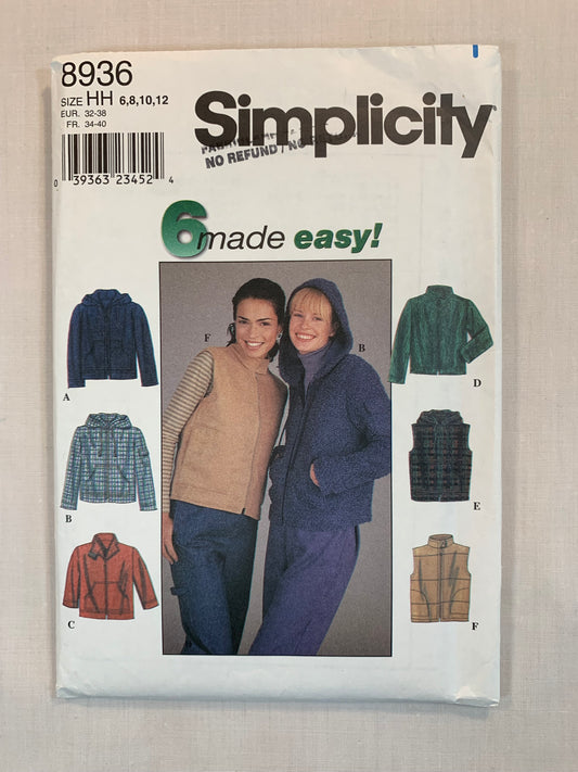 Simplicity Sewing Pattern 8936 Misses' Hooded Jacket/Vest, Zipper Front, Pockets, Long Sleeves, Sleeveless, Close-Fitting, Size 6-12, Uncut, Vintage 1999