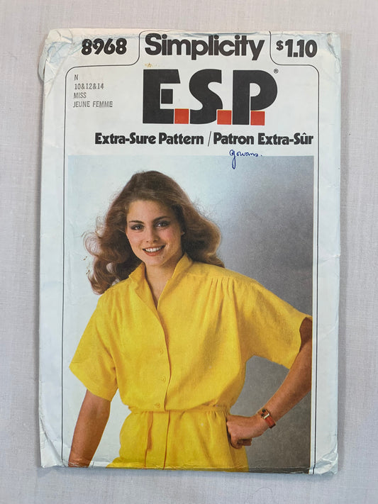 Simplicity Sewing Pattern 8968 Misses' Top, Tie Belt, Button Front, Elbow Kimono Sleeves, Pleats, Size 10-14, Uncut, Vintage 1979
