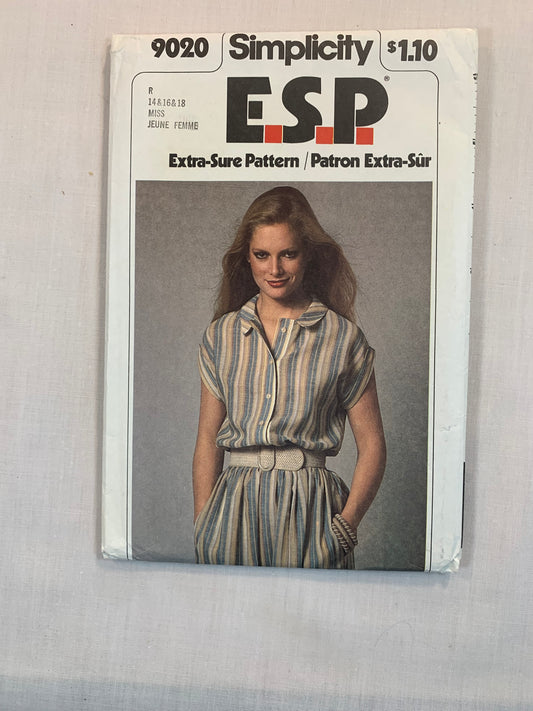 Simplicity Sewing Pattern 9020 Misses' Dress, Pullover, Collar, Pockets, Short Kimono Sleeves, Below Knee Length, Size 14-18, Uncut, Vintage 1979