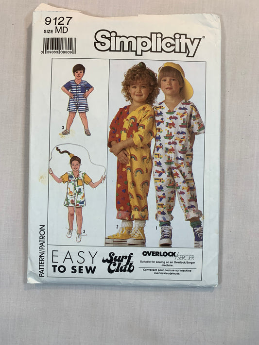 Simplicity Sewing Pattern 9127 Girls' Jumpsuit, Two Lengths, Pockets, Dropped Shoulder, Long/Short Sleeves, Size 4-5, Uncut, Vintage 1989