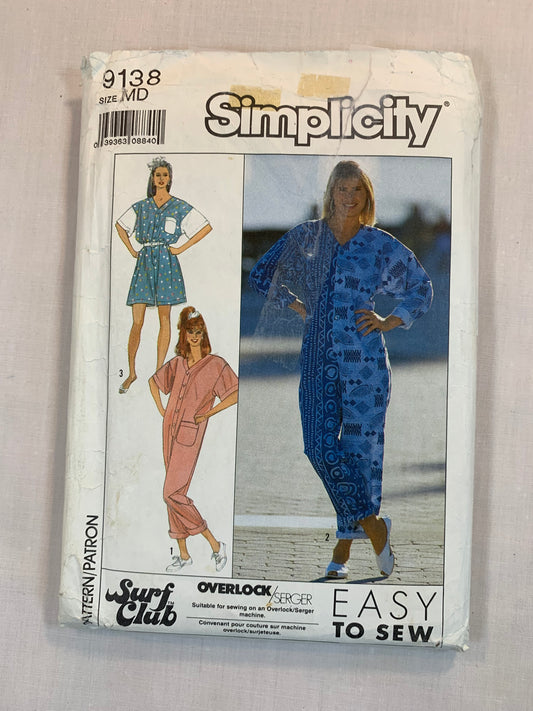 Simplicity Sewing Pattern 9138 Misses' Jumpsuit, Two Lengths, Loose-Fitting, Pockets, Long/Short Sleeves, Button Front, Sizes 38-40, Uncut, Vintage 1989