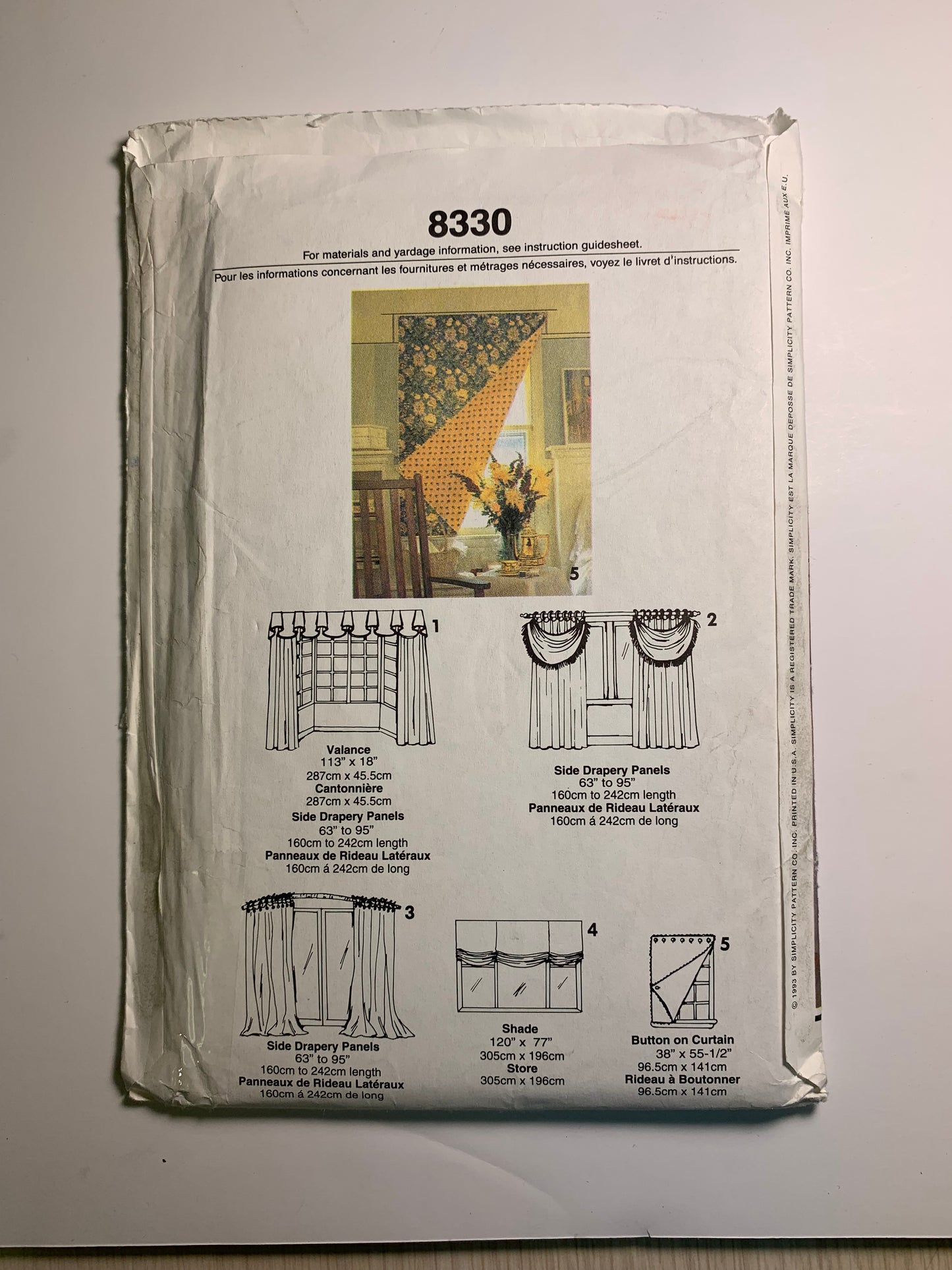 Simplicity 8330 Home Decor, Curtains, Window Coverings, One Size, Uncut, Vintage 1993