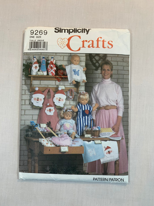 Simplicity Sewing Pattern 9269 Crafts Bazaar Items, Bib, Body Bib, Burping Bib, Grandma's Paddle, Santa Detergent Bottle Cover, Uncut, Vintage 1989