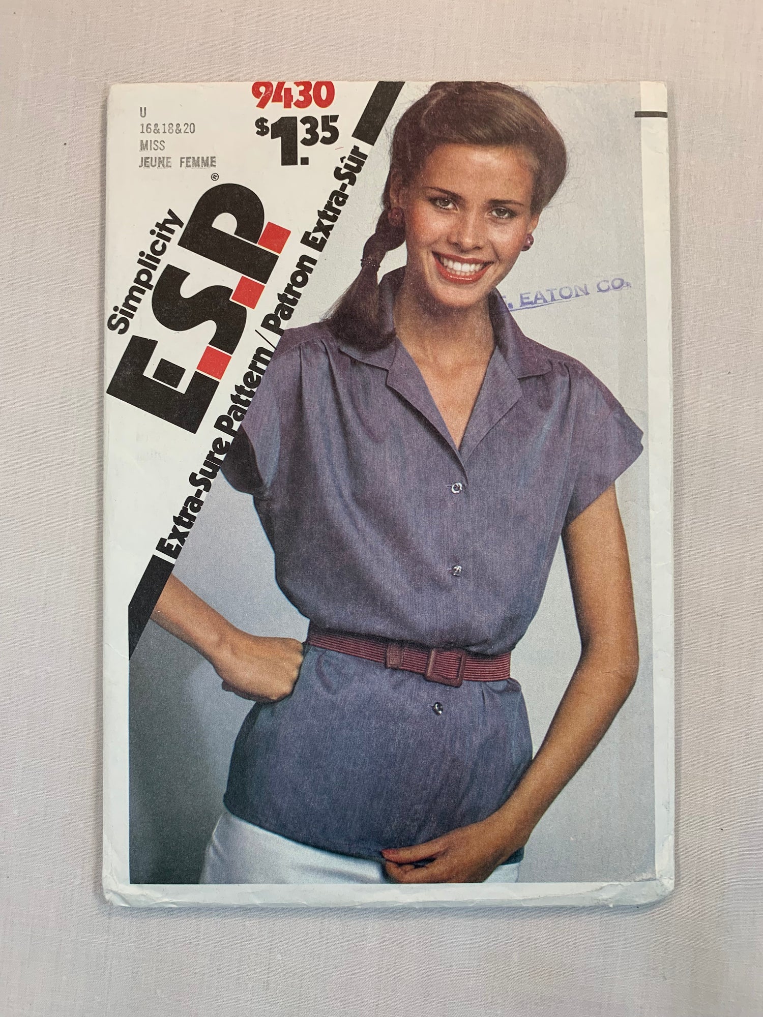 Simplicity Sewing Pattern 9430 Misses' Blouses, Shirts, Button Front, Short Sleeves, Collar, Size 16-20, Uncut, Vintage 1980