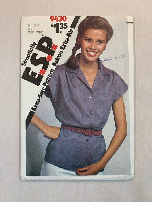 Simplicity Sewing Pattern 9430 Misses' Blouses, Shirts, Button Front, Short Sleeves, Collar, Size 16-20, Uncut, Vintage 1980