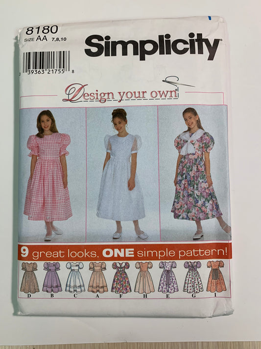 Simplicity 8180 Girls' Dress, Size 7-10, Uncut, Vintage 1998