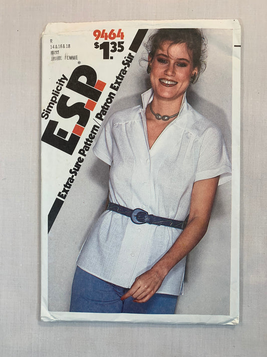 Simplicity Sewing Pattern 9464 Misses' Blouses, Shirts, Button Front, Short Sleeves, Collar, Size 14-18, Uncut, Vintage 1980
