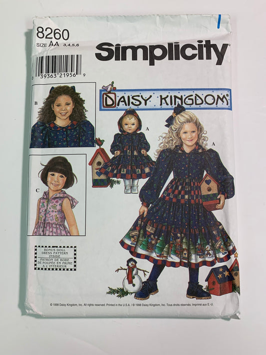 Simplicity 8260 Girls' Dress, 18 " Doll Dress, Size 3-6, Uncut, Vintage 1998