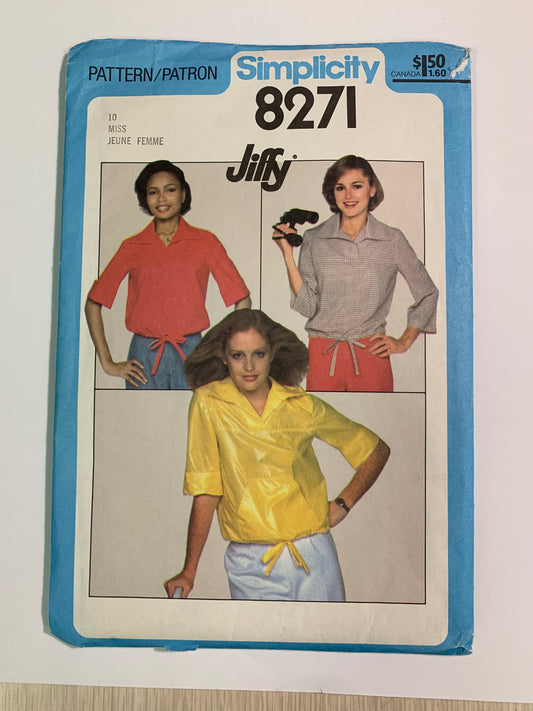 Simplicity 8271 Misses' Pullover Top, Size 10, Cut, Vintage 1977