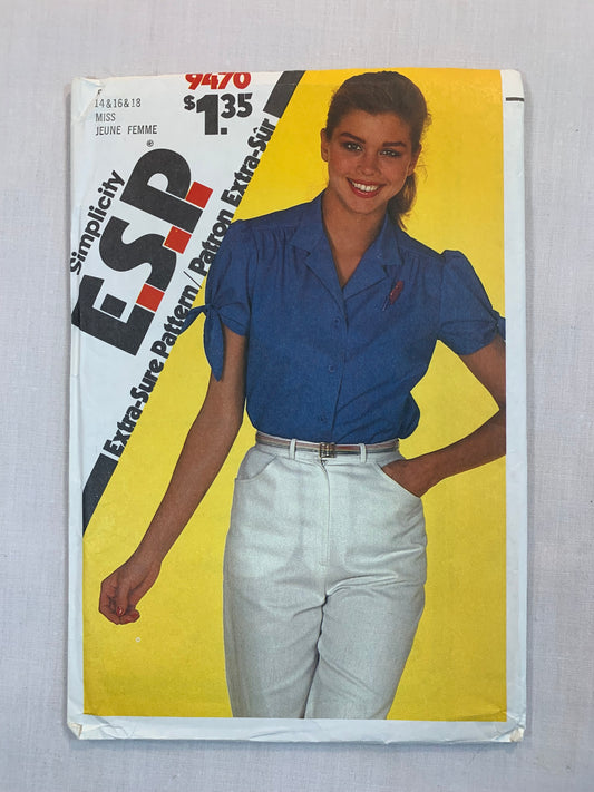 Simplicity Sewing Pattern 9470 Misses' Blouses, Shirts, Button Front, Short Sleeves, Collar, Size 14-18, Uncut, Vintage 1980