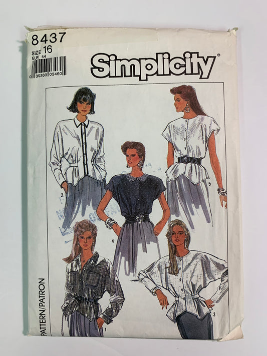 Simplicity 8437 Misses' Blouse, Size 16, Uncut, Vintage 1987