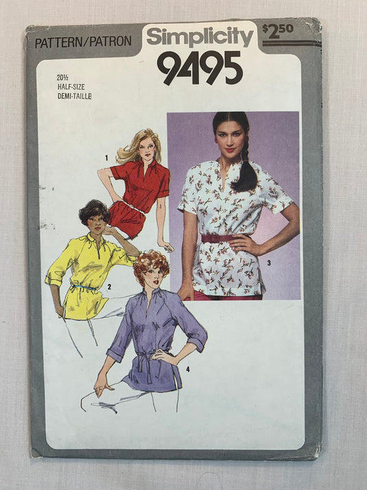 Simplicity Sewing Pattern 9495 Misses' Tunic, Half-Sizes, Long/Short Raglan Sleeves, Pullover, Size 20 1/2, Uncut, Vintage 1980
