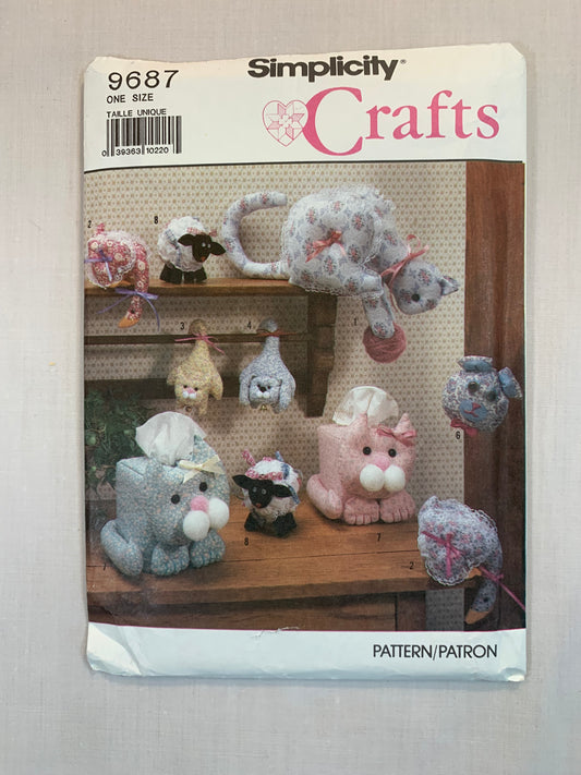 Simplicity Sewing Pattern 9687 Crafts, Shelf Cat, Goose, Hanging Cat, Door Knob Cover, Tissue Box Cover, Lamb, One-Size, Uncut, Vintage 1990