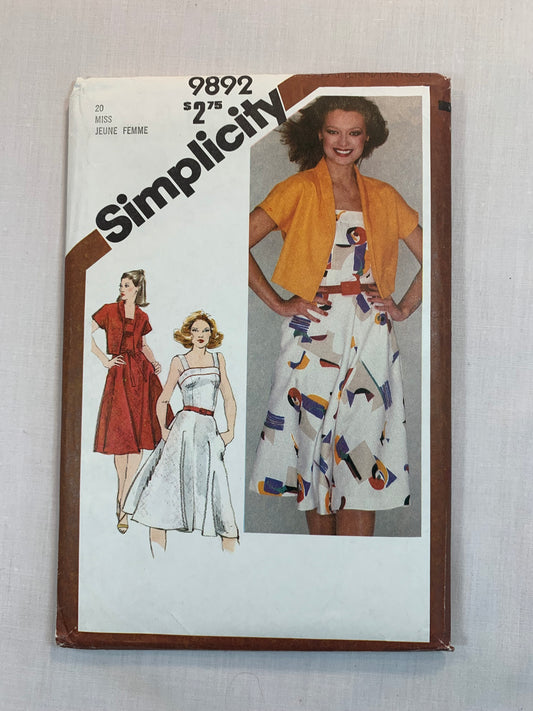 Simplicity Sewing Pattern 9892 Misses' Dress, Bolero Jacket, Sundress, Fitted, Zipper Back, Pockets, Size 20, Uncut, Vintage 1980