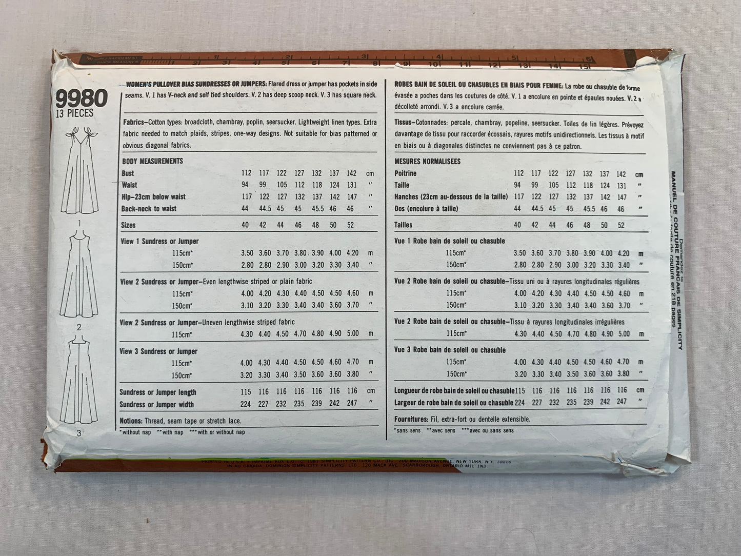 Simplicity Sewing Pattern 9980 Misses' Pullover Sundress. Jumper, Pockets, Scoop/Square Neck, Flared, Below Knee, Size 40-46, Uncut, Vintage 1981