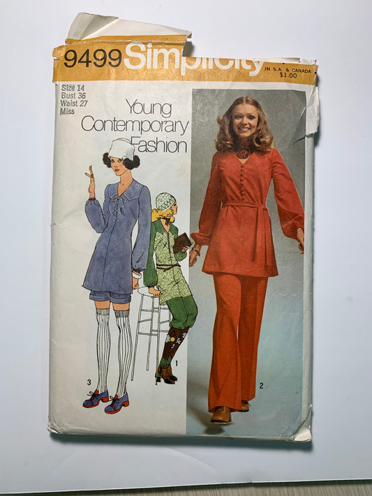 Simplicity 9499 Misses' Pants, Tunic, Size 14, Cut, Vintage 1971