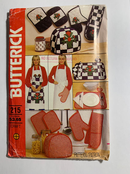 Butterick Sewing Pattern 215 Crafts, Home Decor, Kitchen Accessories, Apron, Napkins, Cover, Mitt, Placemats, Coasters, Casserole. Uncut, Vintage 1980