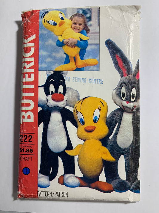 Butterick Sewing Pattern 222 Crafts Stuffed Animals, Rabbit, Cat, Bird, Toys, Children, Uncut, Vintage 1987