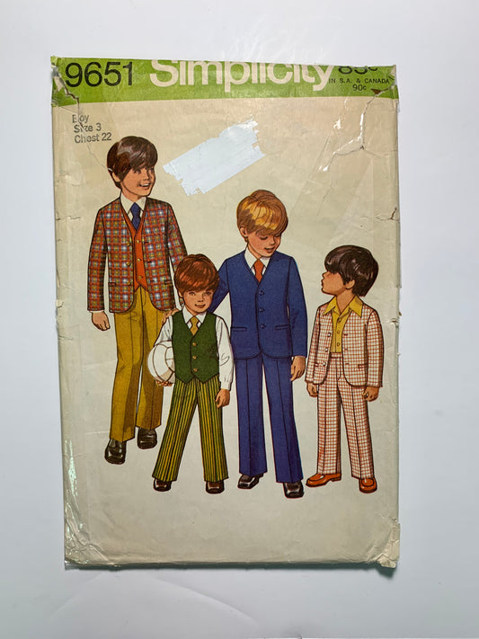 Simplicity 9651 Boys' Jacket, Pants, Vest, Size 3, Cut, Vintage 1971