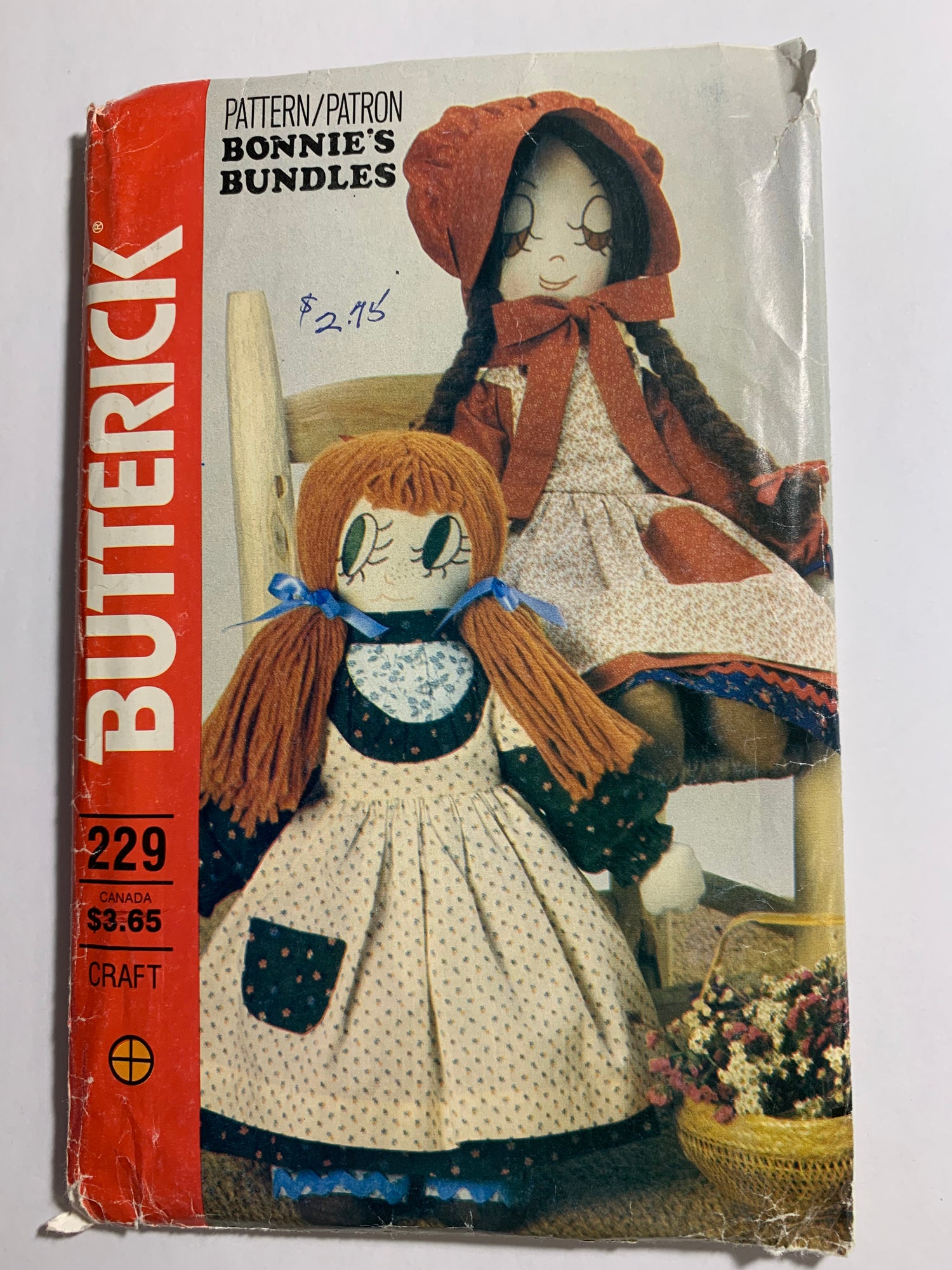 Butterick Sewing Pattern 229, Craft Two Stuffed Dolls, Clothes, Ponytails, Pantaloons, Dress, Pinafore, Boots, Wardrobe, Uncut, Vintage 1994