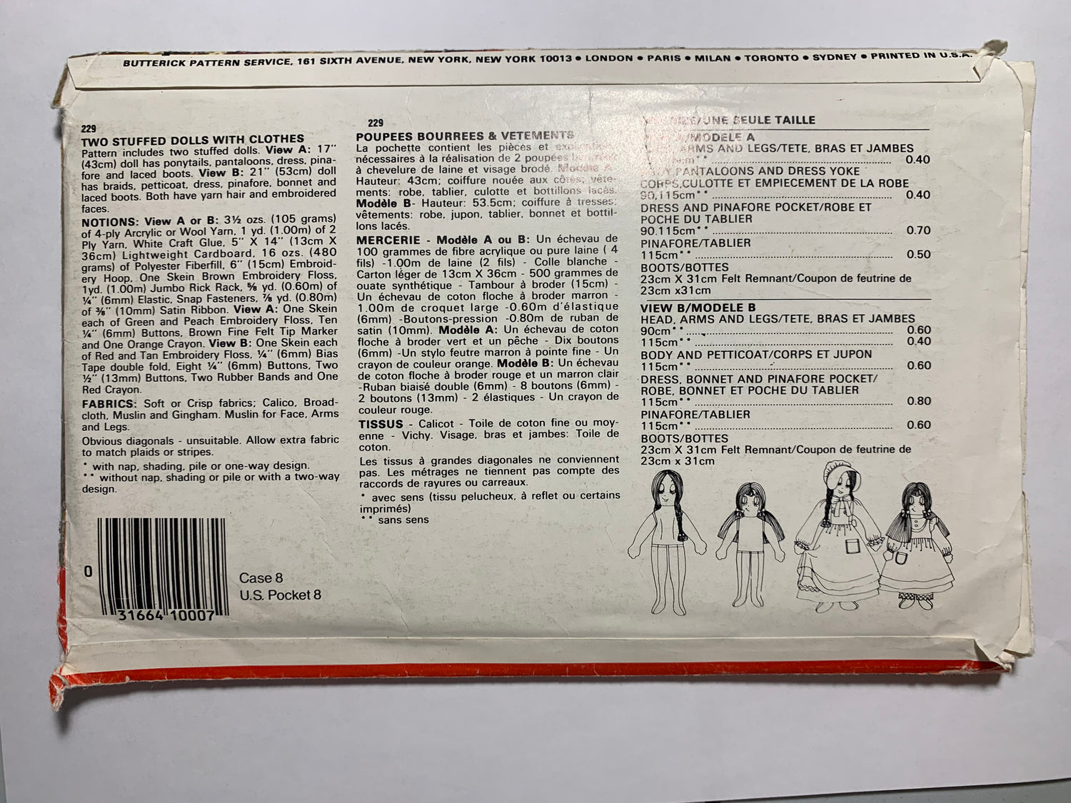 Butterick Sewing Pattern 229, Craft Two Stuffed Dolls, Clothes, Ponytails, Pantaloons, Dress, Pinafore, Boots, Wardrobe, Uncut, Vintage 1994