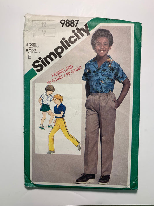 Simplicity Sewing Pattern 9887 Boys' Shirt, Pants, Shorts, Elastic Waist, 2 Lengths, Pockets, Size 12, Cut, Vintage 1980