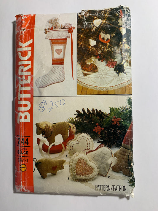 Butterick Sewing Pattern 244 Craft Christmas Ornaments, Stocking, Decorations, Horse, Gingerbread Man, Hearts, Tree Skirt, Uncut, Vintage 1993
