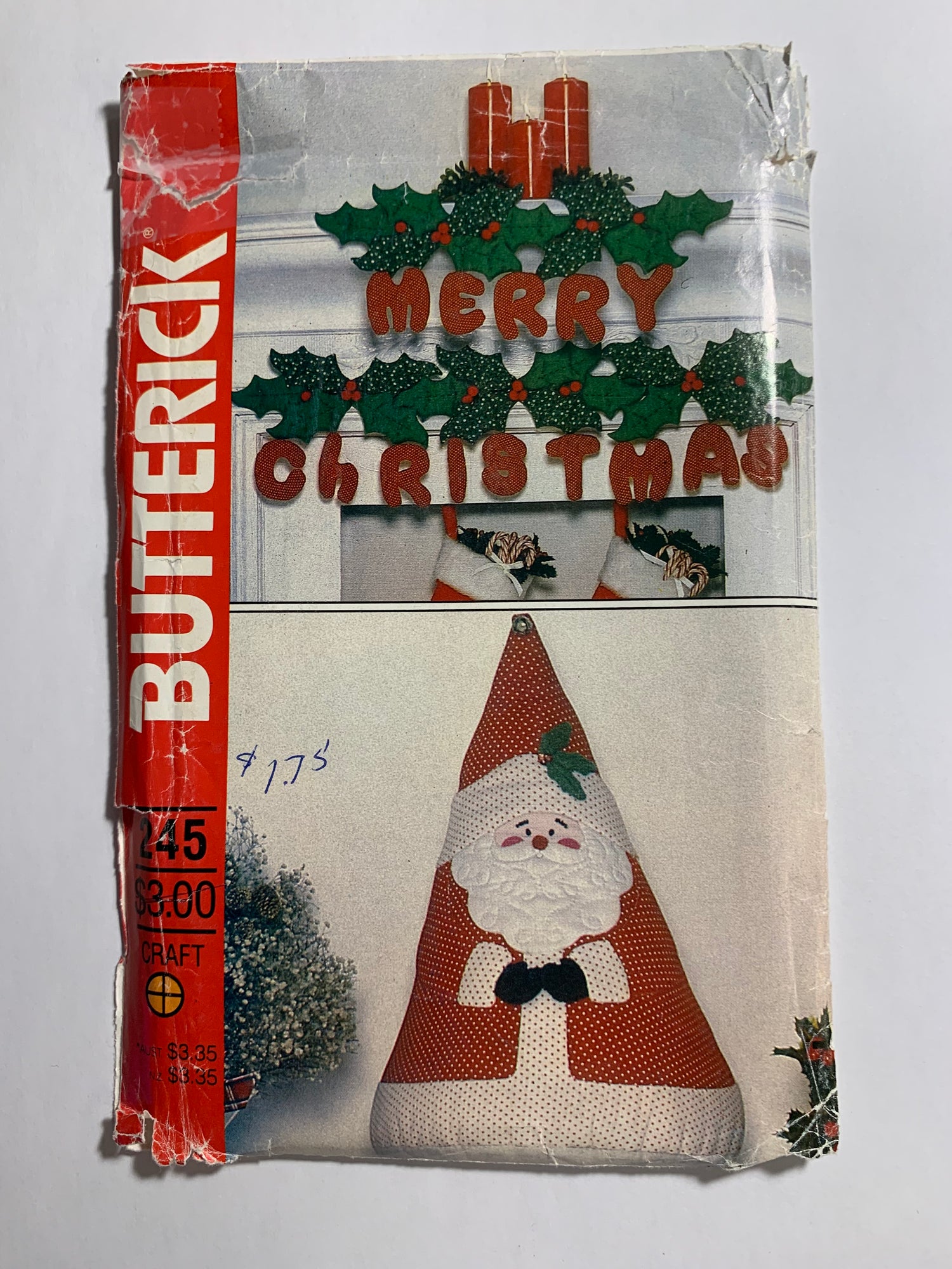 Butterick Sewing Pattern 245 Craft Christmas Ornaments, Santa Centerpiece, Embroidered, Appliqued Details, Wall Hanging, Leaves, Letters, Uncut, Vintage 1993