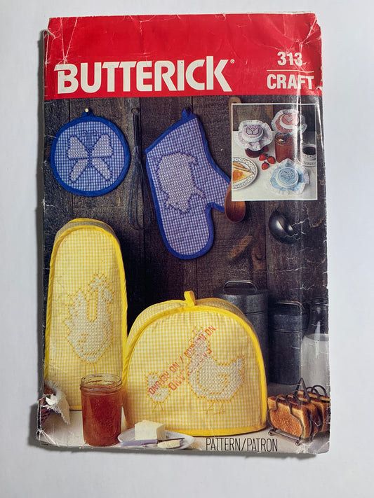 Butterick Sewing Pattern 313 Crafts, Home Decor, Kitchen Accessories, Jar Covers, Mitt, Pot Holder, Blender, Toaster, Chicken Design, Uncut, Vintage 1980