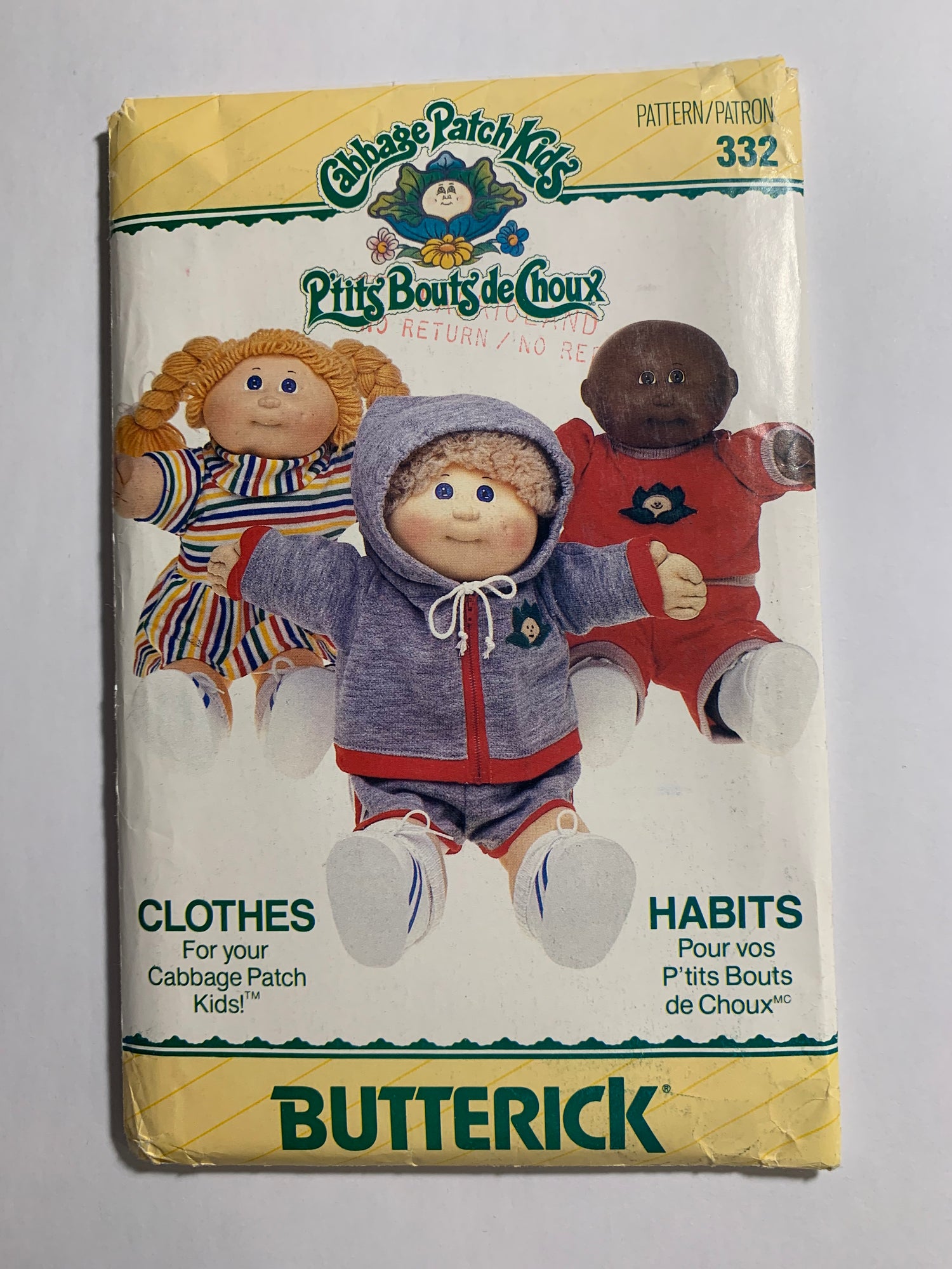 Butterick Sewing Pattern 332 Cabbage Patch Doll Clothes, Hooded Jacket, Shorts, Pull-On, Zipper Front, Top, Pants, Dress, 16" Doll, Cut, Vintage 1986