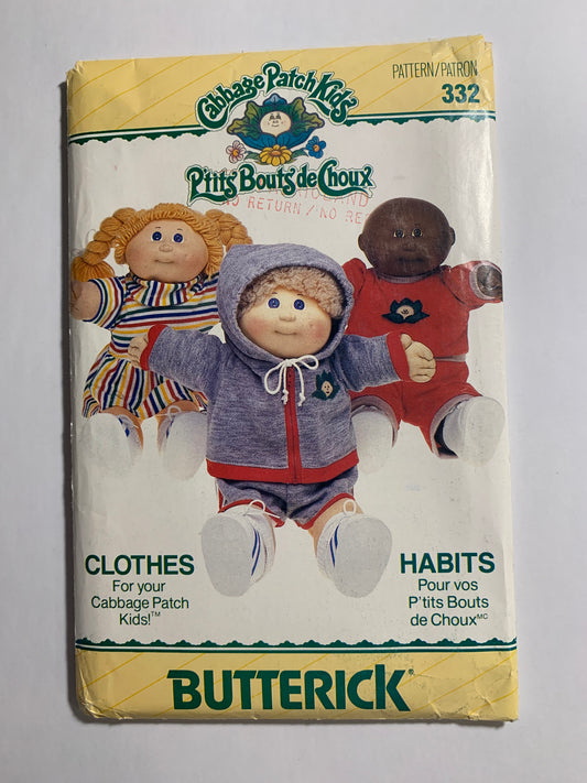 Butterick Sewing Pattern 332 Cabbage Patch Doll Clothes, Hooded Jacket, Shorts, Pull-On, Zipper Front, Top, Pants, Dress, 16" Doll, Cut, Vintage 1986