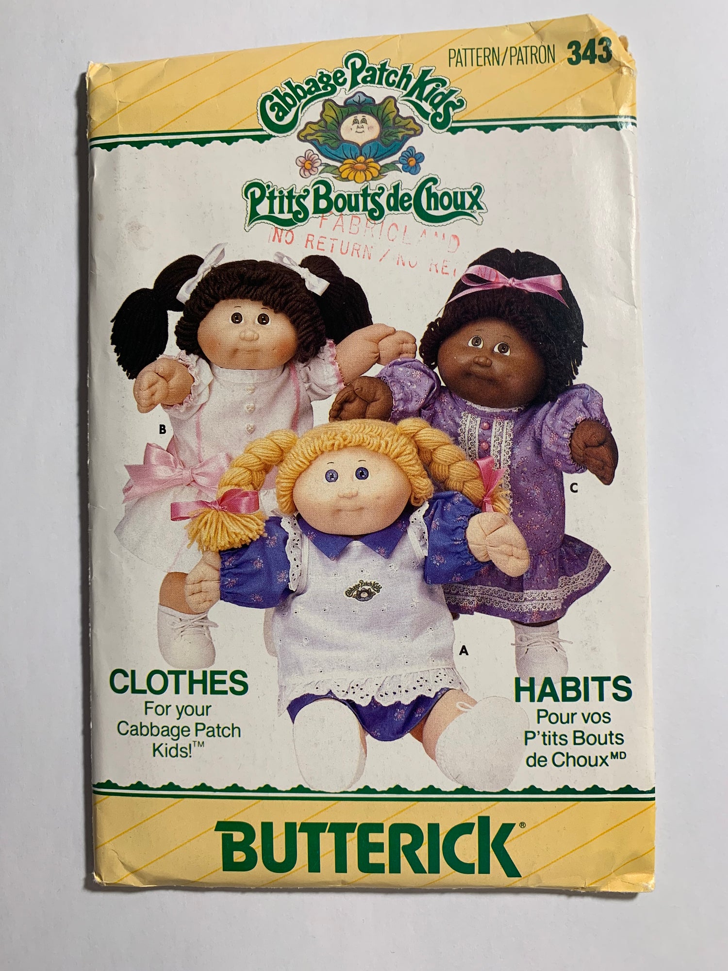 Butterick Sewing Pattern 343 Cabbage Patch Doll Clothes, Dress, Pinafore, 3 Variations, Transfers, Short Sleeves, Pullover,16" Doll, Uncut, Vintage 1986