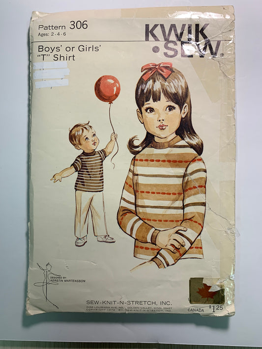 KWIK Kerstin Martensson Sewing Pattern 306 Boys'/Girls' T-Shirt, Long/Short Sleeves, Knit, Size 2-6, Cut, Vintage 1970