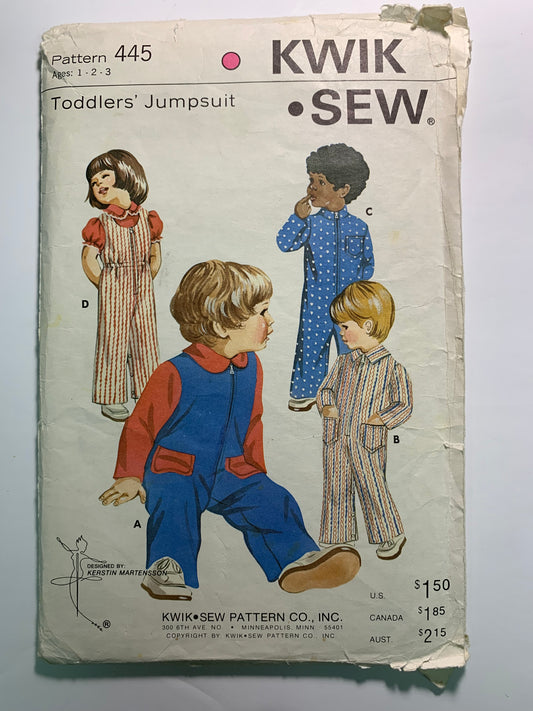 KWIK Sewing Pattern 445 Toddlers' Jumpsuit, Knit And Stretch Fabric, Pockets, Zipper, Snap Crotch, Size 1-3, Uncut, Vintage 1980