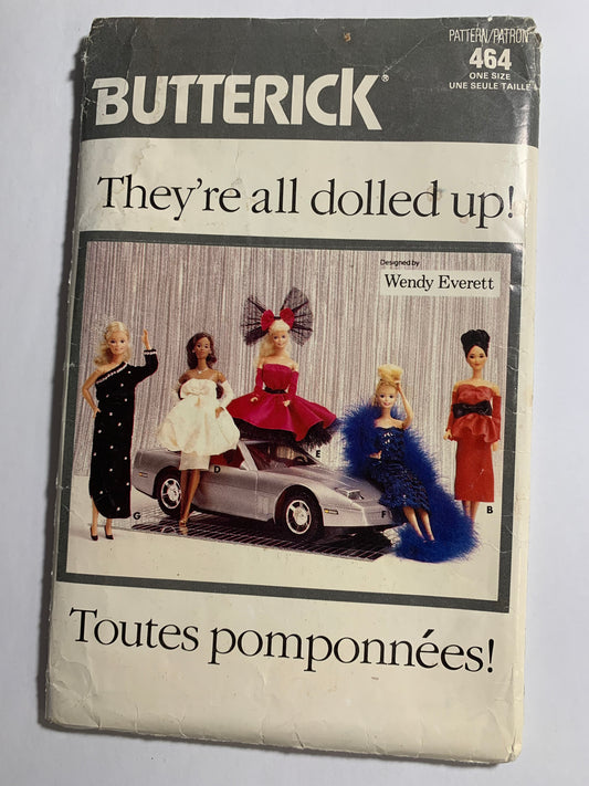 Butterick 464 Wardrobe Fashion Dolls, Tunic, Pants, Bustier, Skirt, Gloves, Dress, Bow, Gloves, Size 11 1/2-12 1/2, Uncut, Vintage 1987