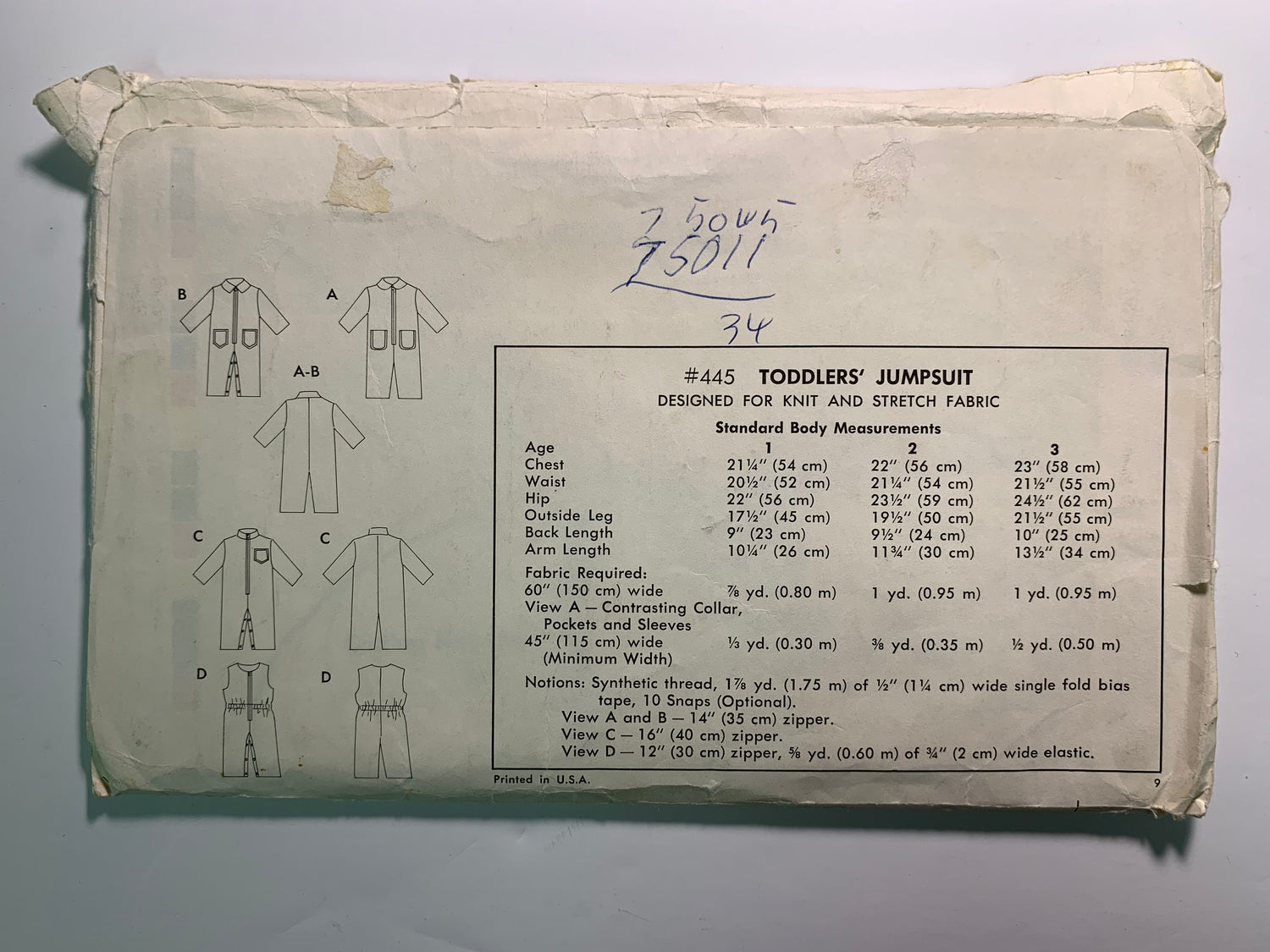 KWIK Sewing Pattern 445 Toddlers' Jumpsuit, Knit And Stretch Fabric, Pockets, Zipper, Snap Crotch, Size 1-3, Uncut, Vintage 1980