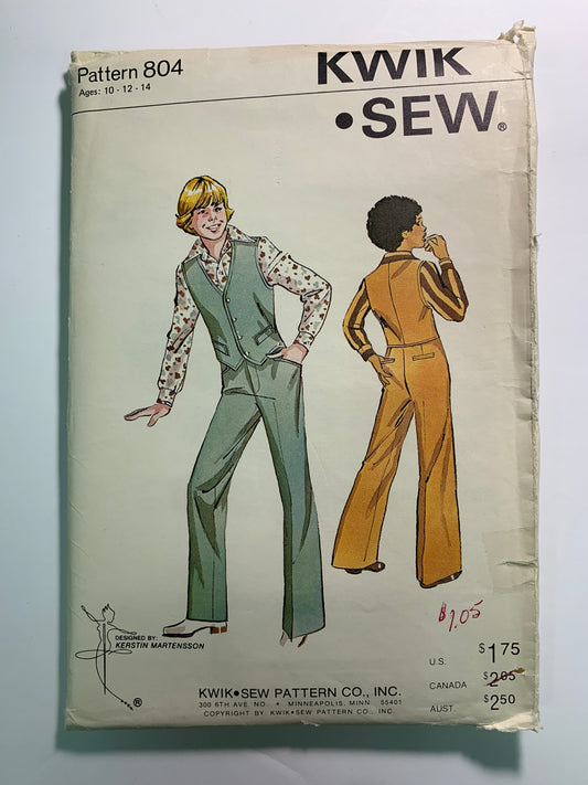 KWIK 804 Boys' Pants, Vest, Size 10-14, Uncut