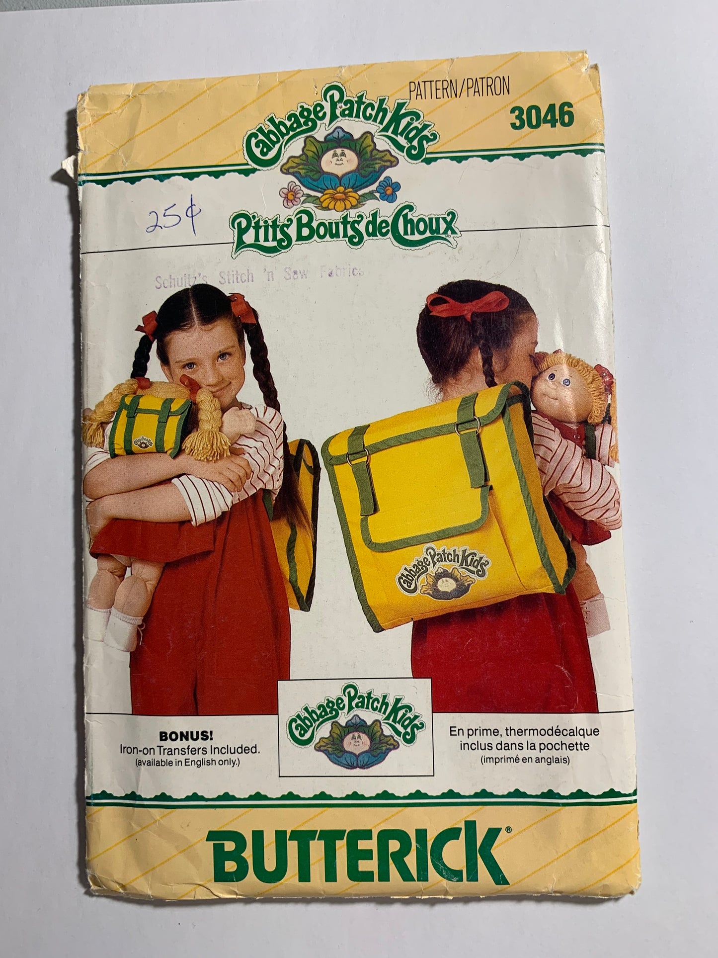 Butterick Sewing Pattern 3046 Cabbage Patch Kids Backpacks, Shoulder Straps, Fastener Closing, Tote, Uncut, Vintage 1984