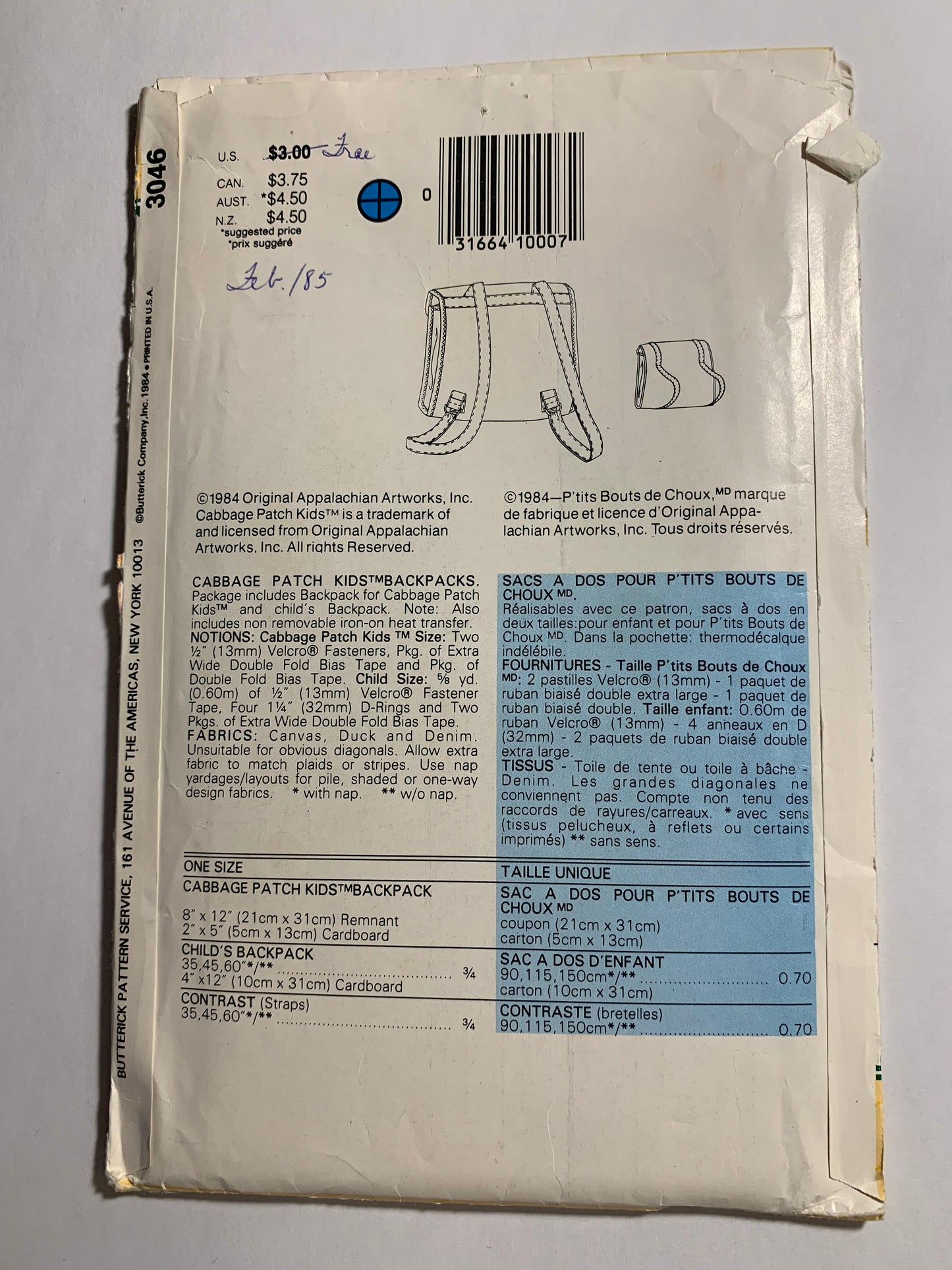 Butterick Sewing Pattern 3046 Cabbage Patch Kids Backpacks, Shoulder Straps, Fastener Closing, Tote, Uncut, Vintage 1984