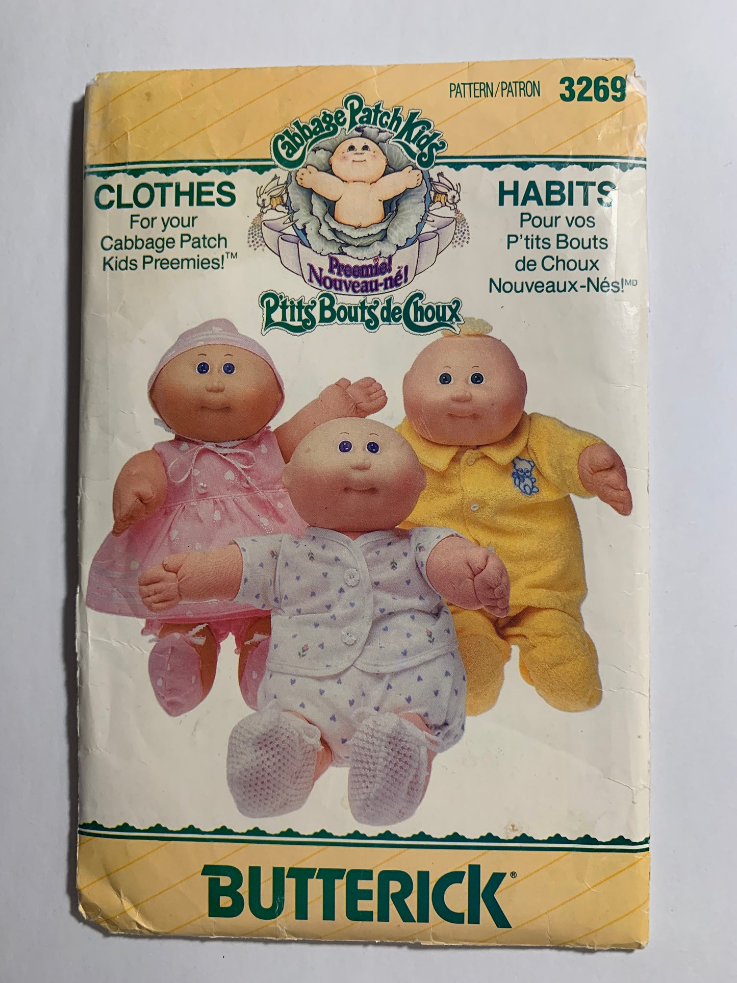 Butterick Sewing Pattern 3269 Cabbage Patch Preemie Doll Clothes, Jumpsuit, Front Closing, Panties, Bonnet,16" Doll, Uncut, Vintage 1986